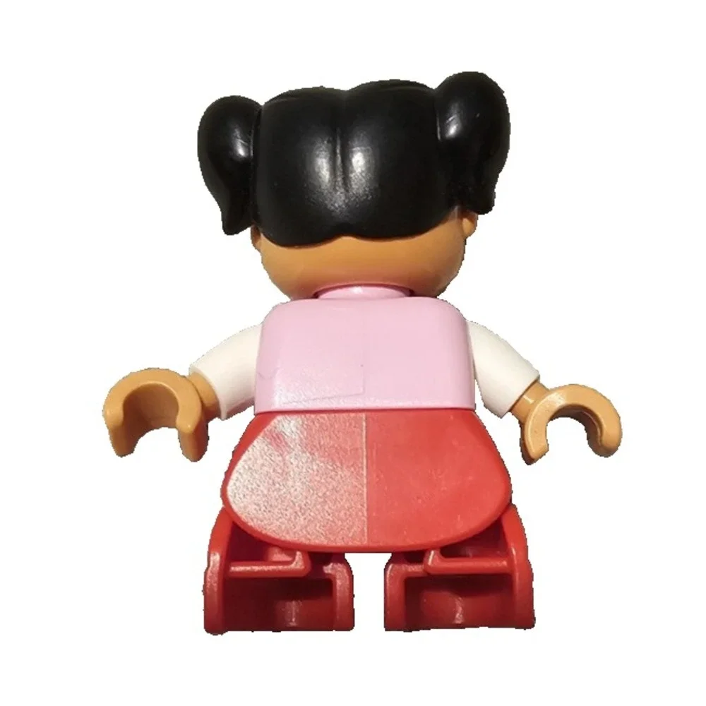 LEGO Duplo Girl Red Legs, Pink Top, Bow Tie, Black Hair Pigtails - Excellent